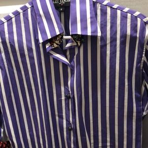 Liz Logie New York purple and white striped 3/4 sleeve button up shirt